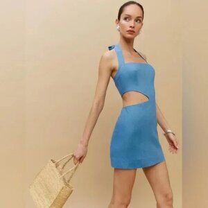 Reformation Valli Linen Halter Cut Out Mini Dress NWT Parisian Blue Size 8